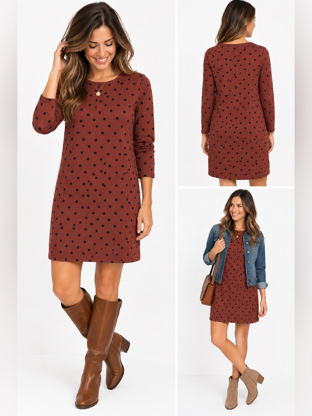 Boden US 10R Rust Navy Polka Dot Cotton Shift Dress Long Sleeve